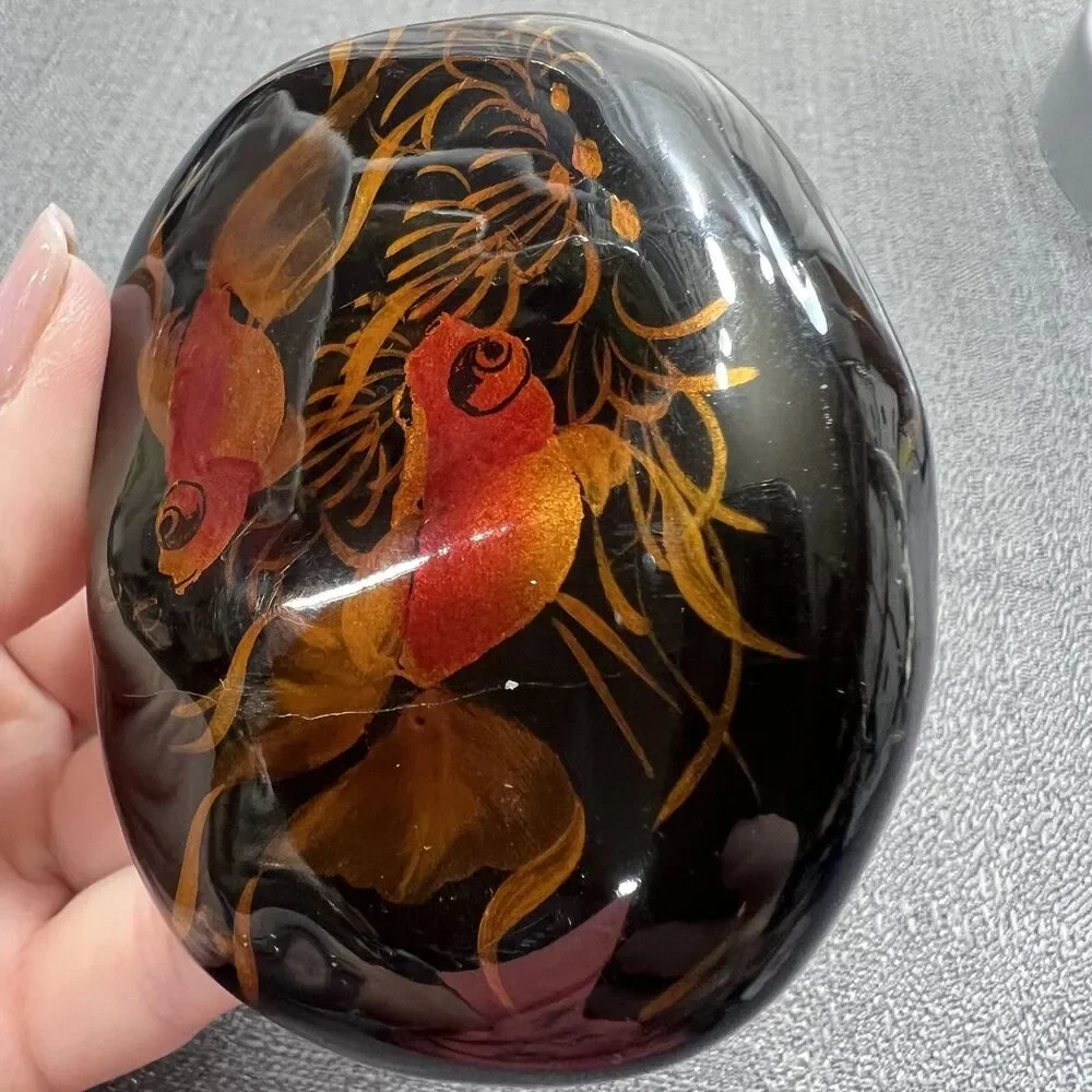 Vtg Black Lacquered Koi Fish Stone Hand Painted Rock Stone Paperweight Vietnam